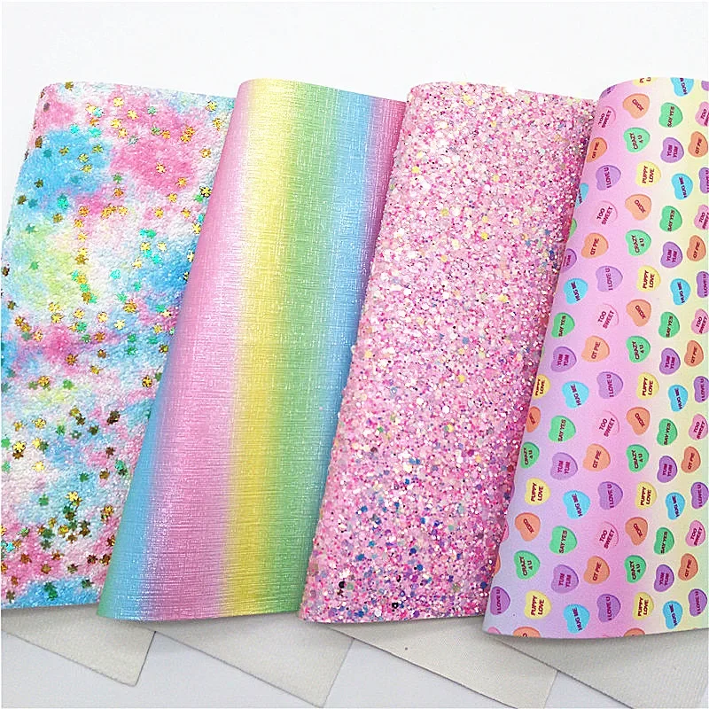 Rainbow Shamrock Chunky Glitter Leather Heart Candies Printed Synthetic Leather Vinyl Leather Sheets For Bows DIY 21x29CM Q708