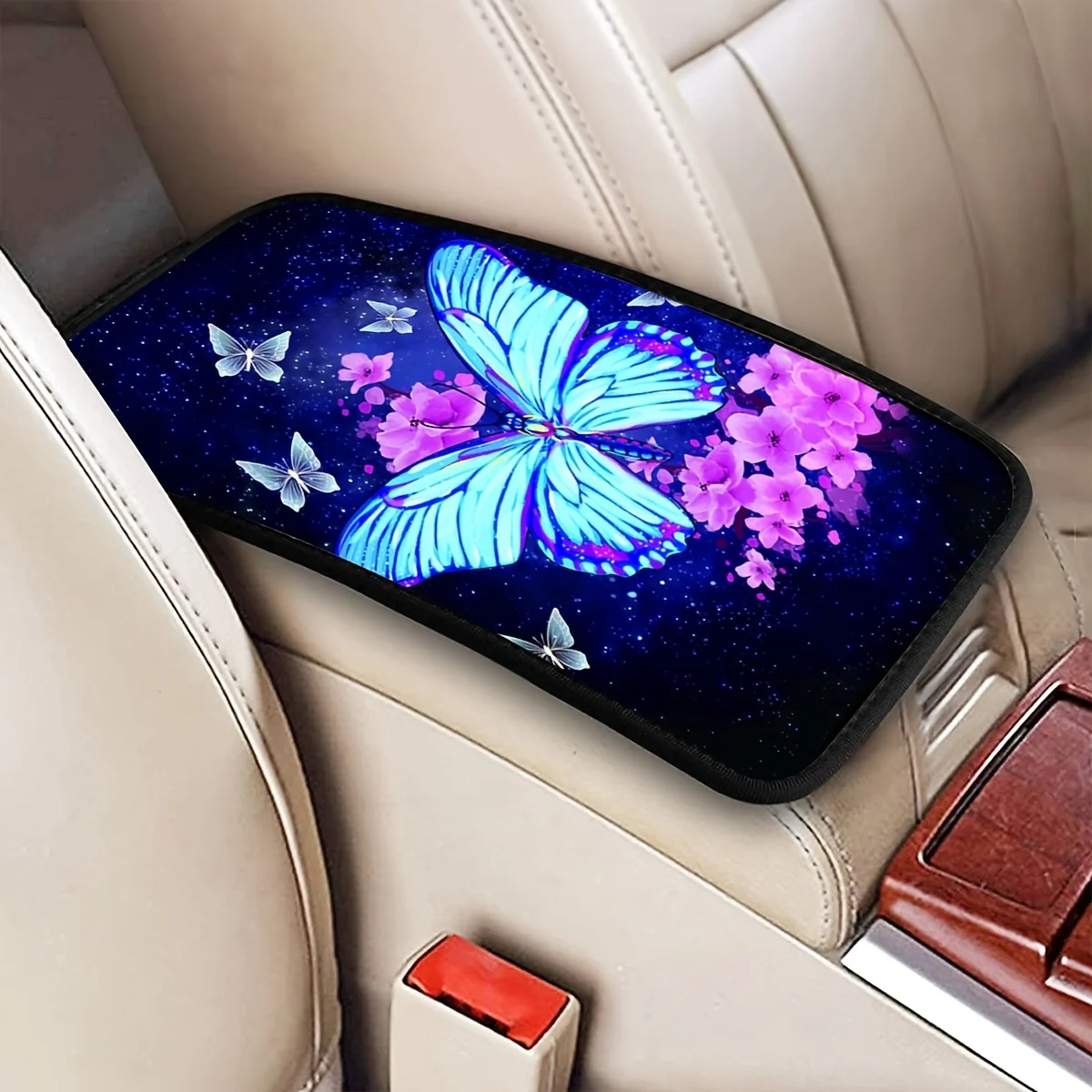 Blue Butterfly Print Car Armrest Box Cover Premium Protection & Stylish Decor - Durable Center Console Accessories