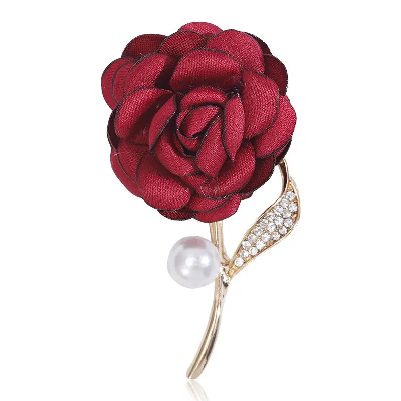 Chinese Style Auspicious Lucky Fabric Rose Brooch Rhinestone Faux Pearl Pin For Wedding Party Banquet Daily Wear Dress Accessory