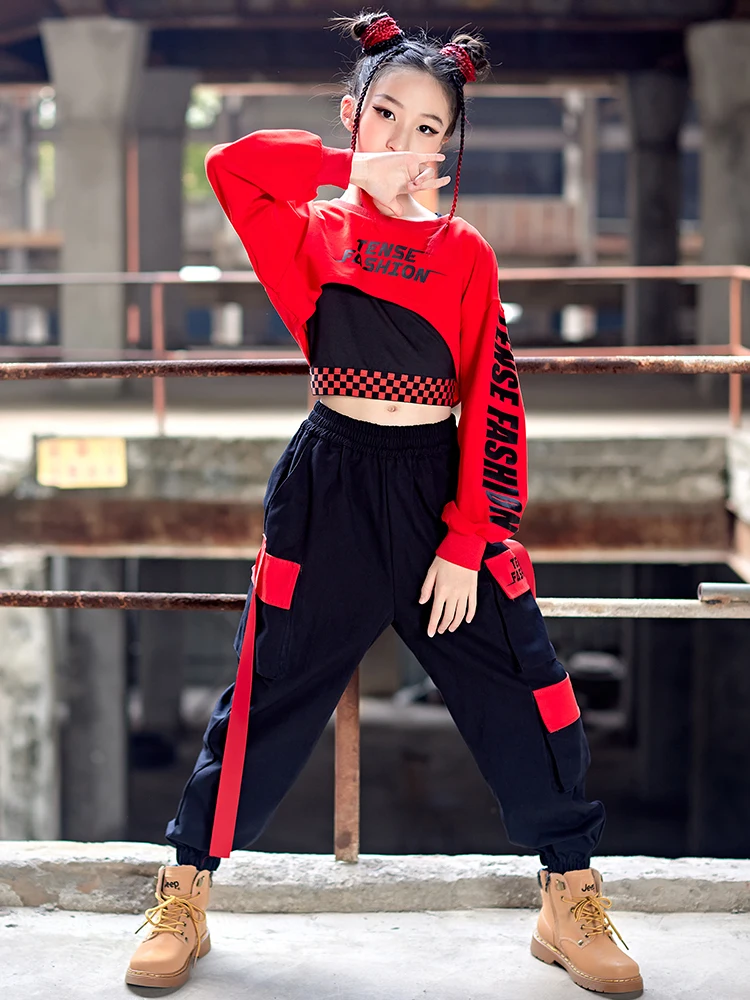 Children Jazz Dance Performance Rave Clothes New Hip Hop Dance Costumes For Kids Red Crop Tops Loose Pants Streetwear