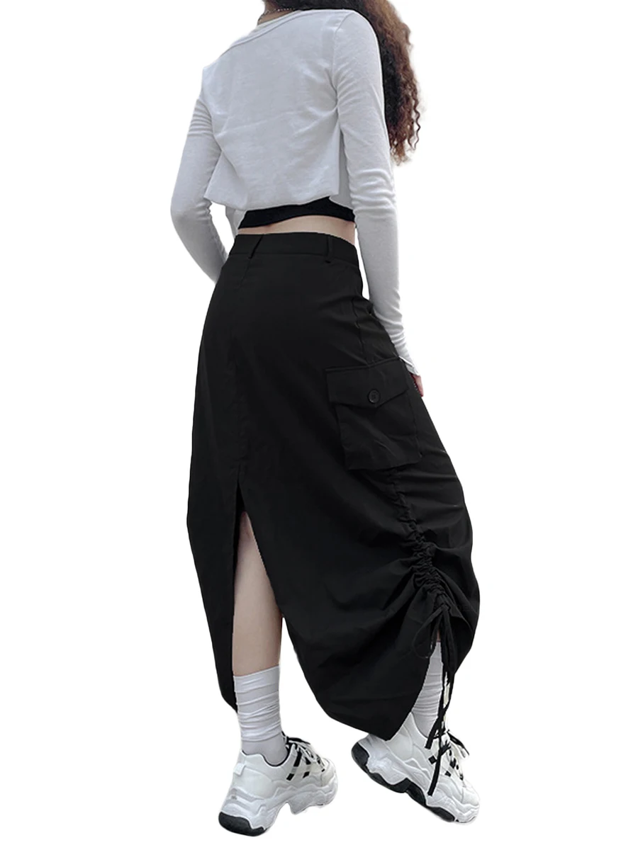 hirigin Retro Women Long Cargo Pocket Baggy Skirts Side Drawstring Low Rise Solid Pockets Hip Hop Straight Skirts Y2k Streetwear