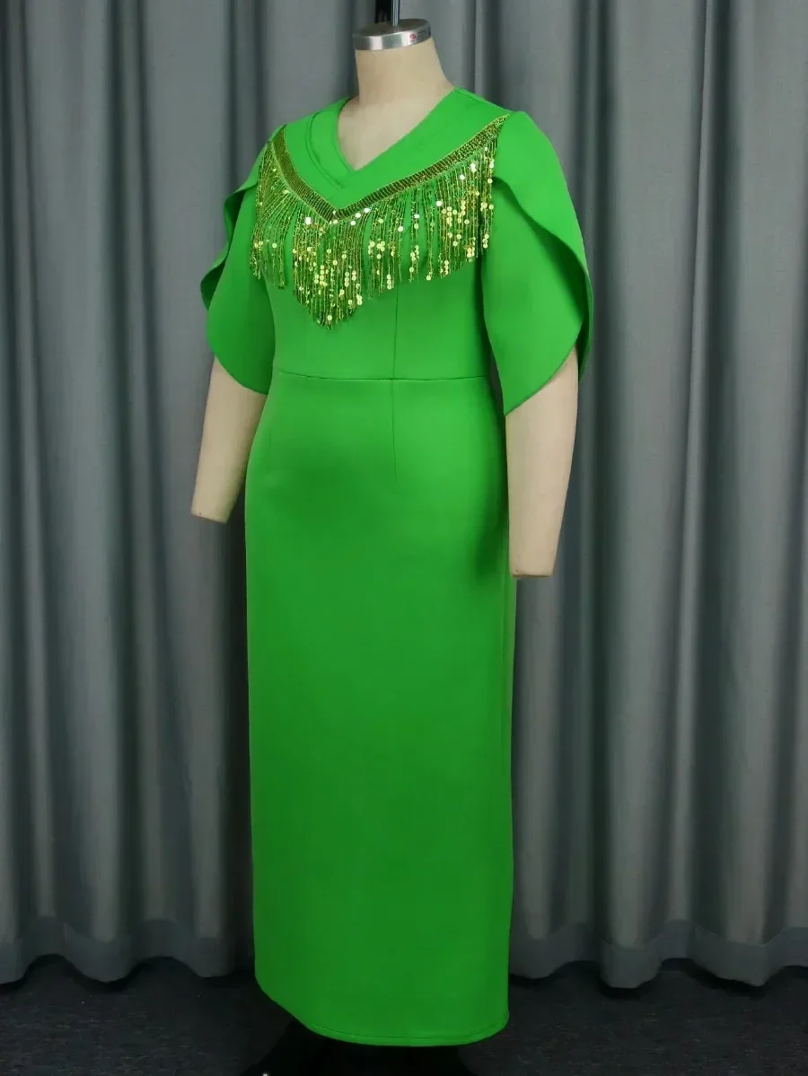 Fashion Green Dress For Women V Neck Three Quarter Sleeves Sequins Tassel Bodycon Maxi Party Club Prom Evening Gowns 2024 New