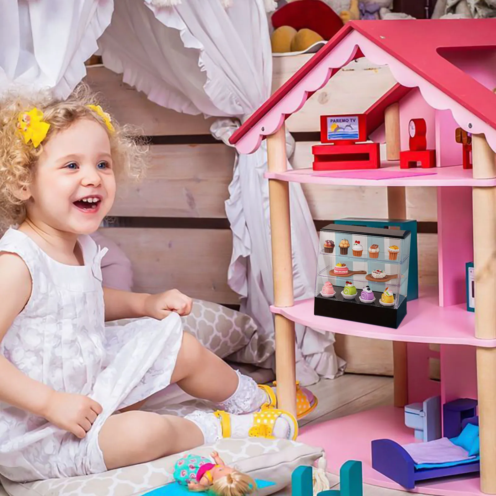 

2Pcs Simulation Mini Cake Cabinet Exquisite Dollhouse Bakery Cabinet Miniature Store Cupboard for Mini House Decoration Smooth