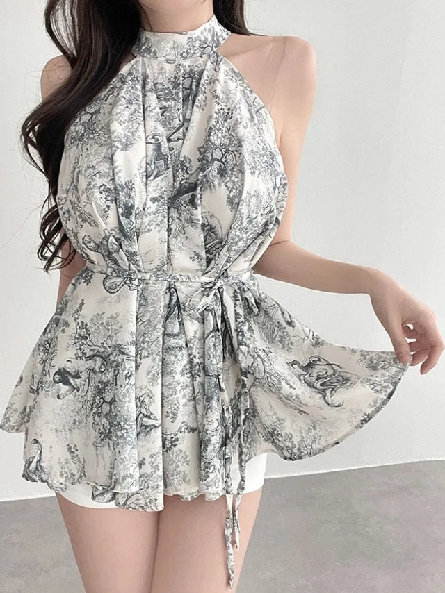 

Retro Watercolor Print Choker Neck Sleeveless Women's Summer Chic Slimming Personality Chiffon Top Korean Style Loose Fit