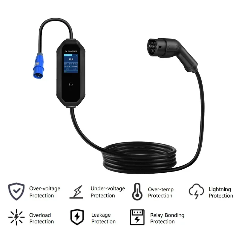 EV Charging Cable 32A EVSE Portable Or Wall-mounted Type 2 IEC 62196-2 Level 2 230V 7KW Home Electric Car Charging Station