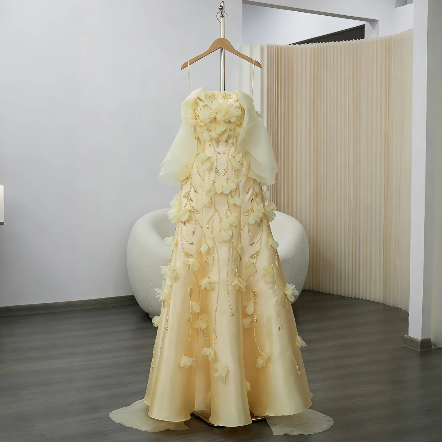 Sharon Said Gelbes Meerjungfrauenkleid für Damen, formelles Abendkleid, schulterfrei, mit 3D-Blumen, Rüschen, Perlen, Party- und Ballkleid SS505, maßgeschneidert – Detail 11