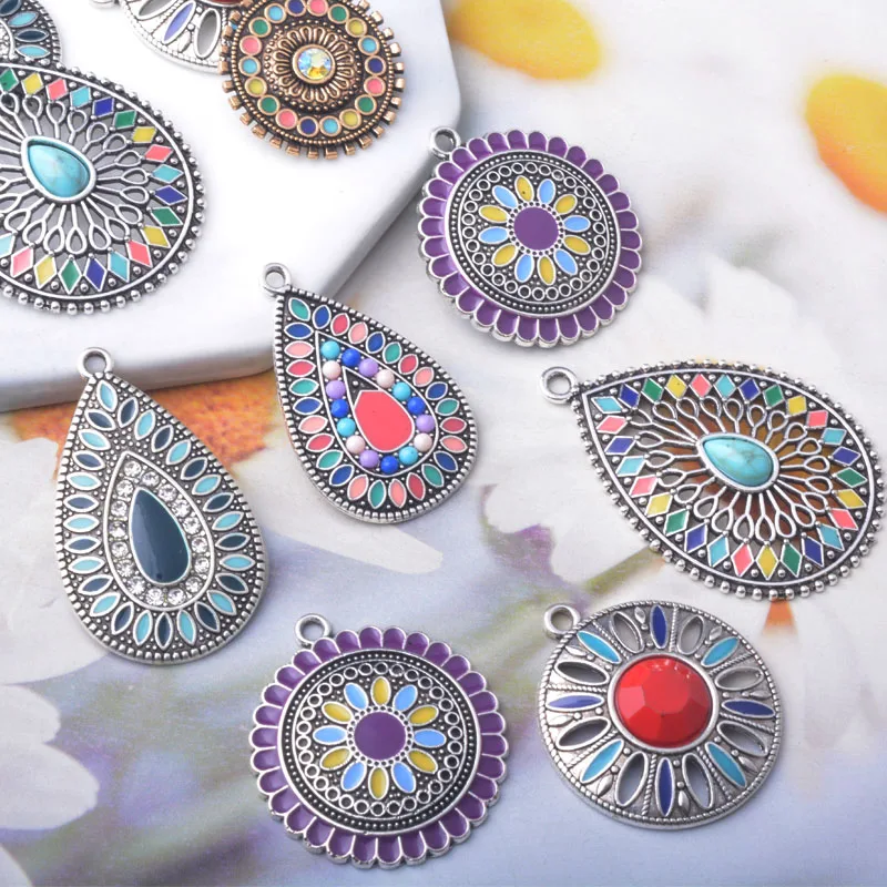 12pcs Bohemia Enamel Ancient Silvery Charms Set Zinc Alloy Earrings Pendant DIY Women's Jewelry Making