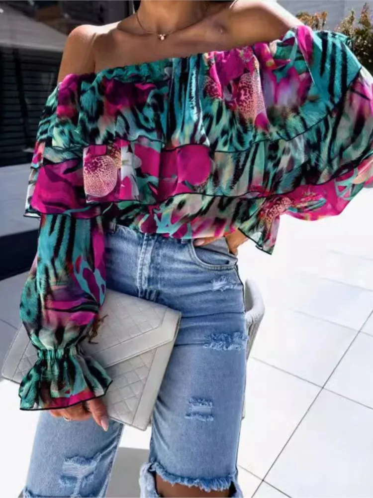 Printed One Shoulder Chiffon Shirts Women Fashion Sexy Off Shoulder Ruffles Long Sleeve Shirt Blouses Ladies Spring Autumn New