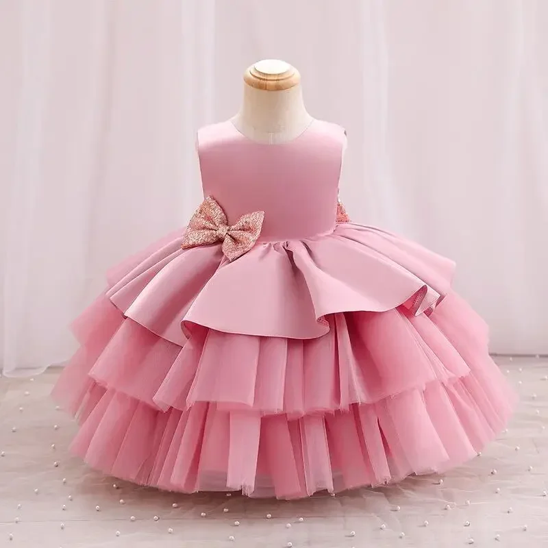 Baby Summer Dress Kids Pink Puffy Sequin Bow Christening Princess Dress Wedding Brithday Party Gown Baby Girl Baptism Clothes