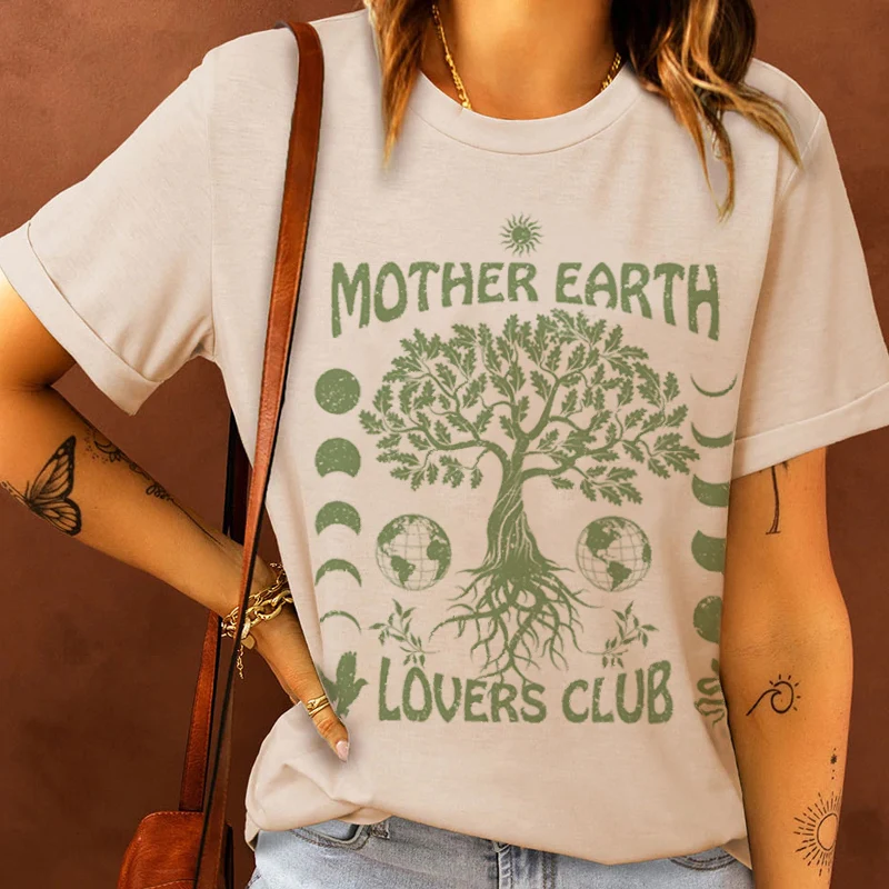 kuakuayu HJN Mother Earth Lovers Club Enviromental Graphic T Shirts Summer Women Planet Earth Day T-Shirts Vintage Boho Tee Tops