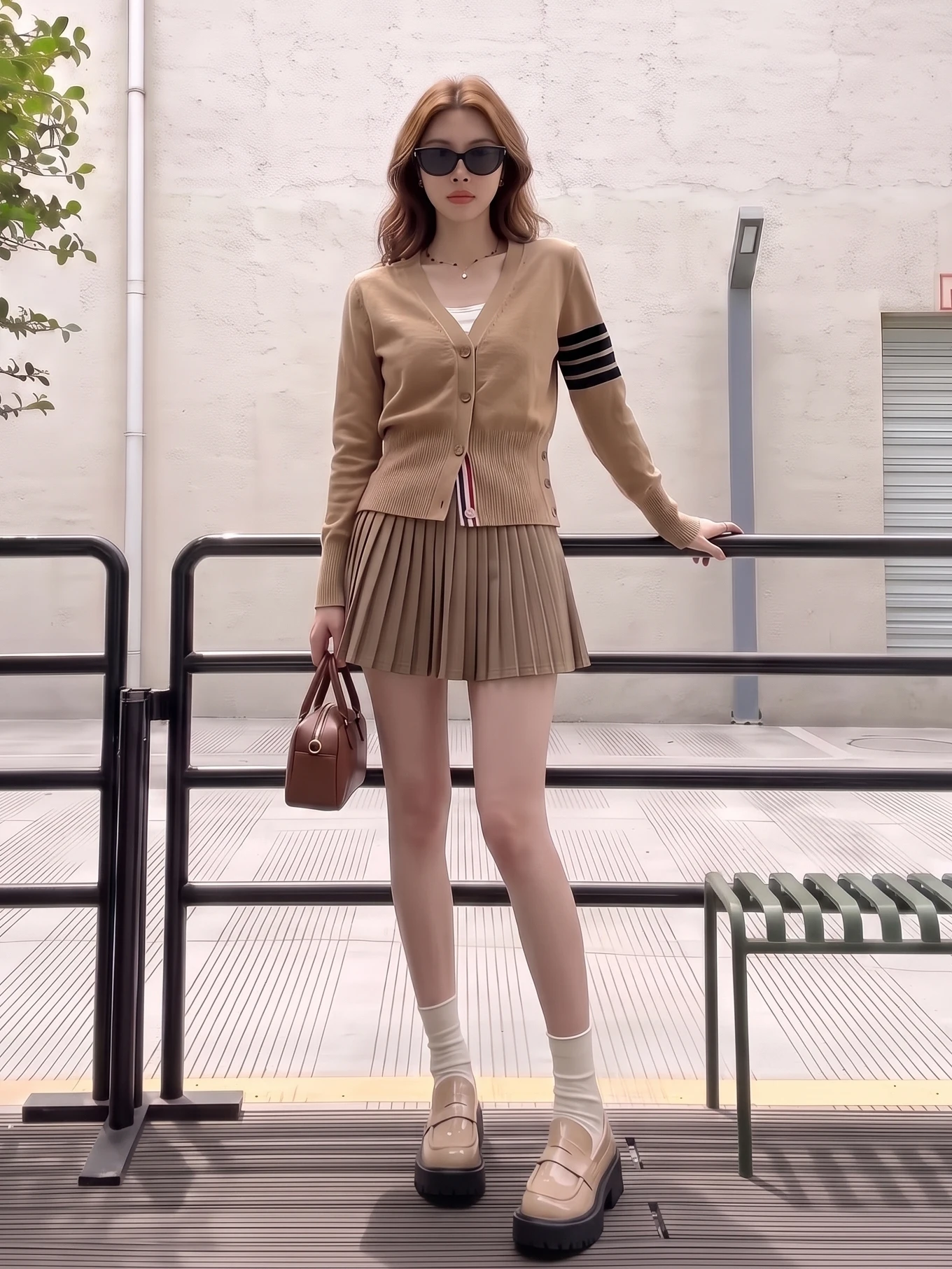 2026 New Korean Style V-Neck Knitted Open Cardigan Khaki Pleated Skirt Slimming Two-Piece Set Women's Fashion Casual Wear