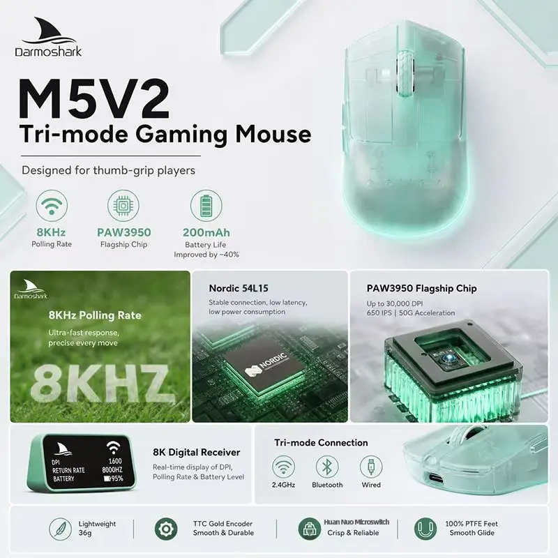 Darmoshark M5V2 Wireless Gaming Mouse PAW3950 N54L15 Dual 8kHz Finger Grip Mouse 30KDPI Esports Game Mice Lightweight Web Driver