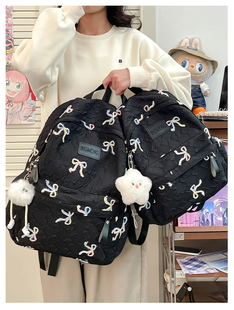 Colorful Bow Full Print Ruched Fabric Backpack Four Colors Available Large Capacity Girls Junior High High School School Bag