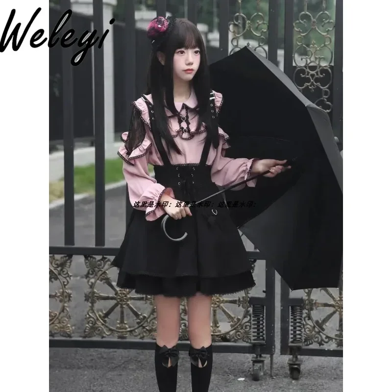 Jirai Kei Lolita Womens Two Peice Sets Cute Japanese Mass Production Mine Tie Bow A Word Strap Skirts Kawaii Long Sleeves Shirts