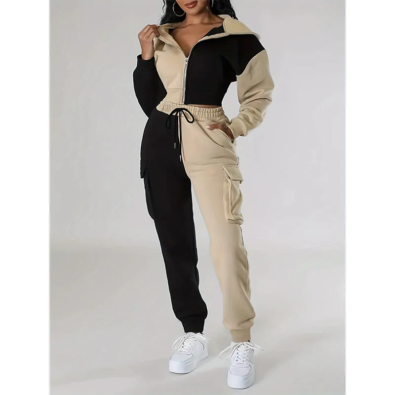 Sporty women\'s suit Fashion color contrast patchwork short hooded coat and cargo sweatpants two-piece set