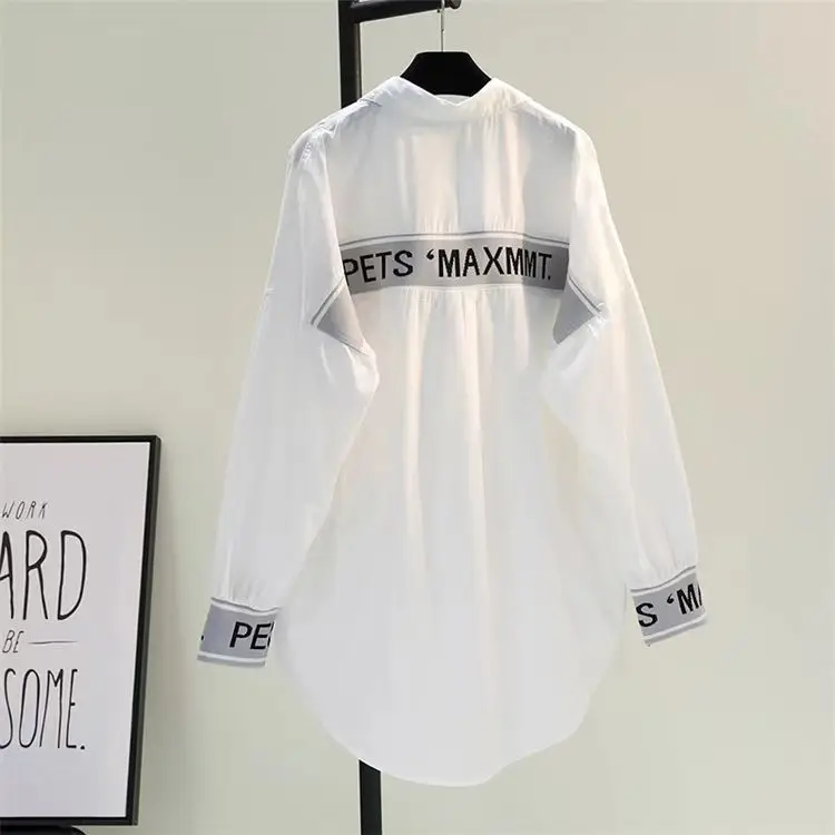 Oversized Lazy Style Loose Slim Solid White Black Med-Long Shirt French Gentle Top Fashion Casual Women\'s Spring Autumn Blouse