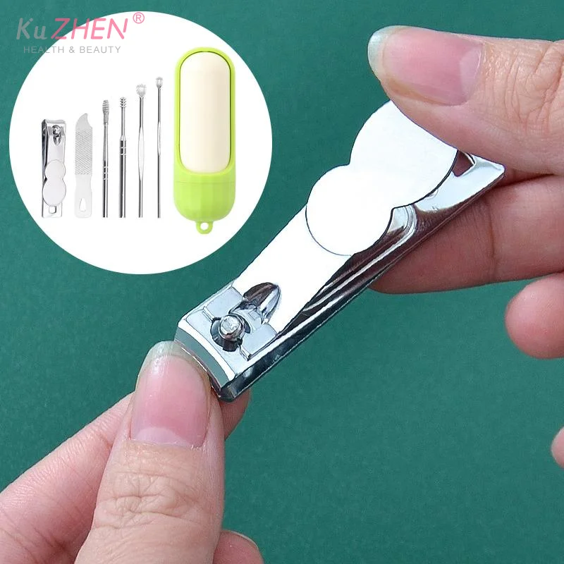 

6 шт., ушная ложка, резак для ногтей из нержавеющей стали, ножницы для педикюра с коробкой для хранения в форме капсулы, портативный инструмент для маникюра и педикюра