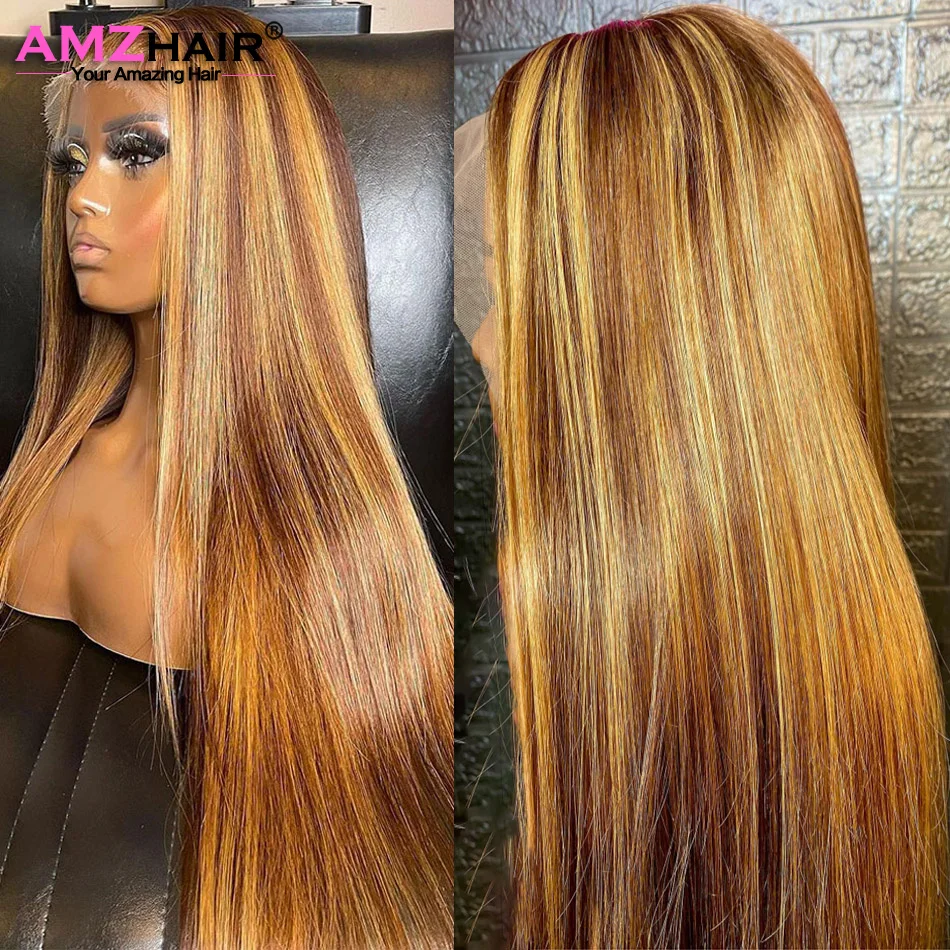 30 Inch Highlight Ombre Straight Lace Front Human Hair Wig 13x6 Honey Blonde Colored Transparent Lace Frontal Wigs For Women