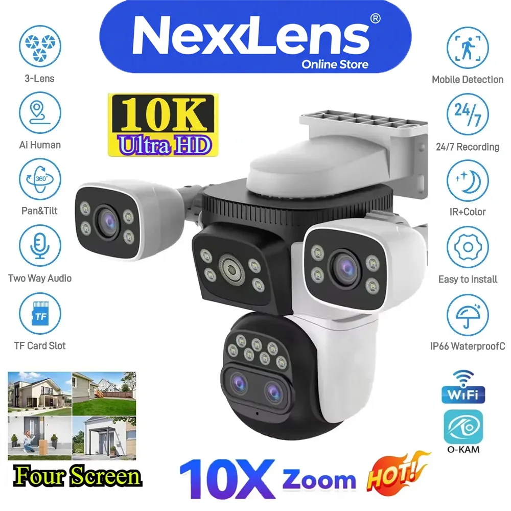 

10K Outdoor 10X Optics Zoom WiFi6 Camera 20MP Four Screen Four Lens PTZ Automatic Tracking 6K 4 Lens Waterproof Security CCTV