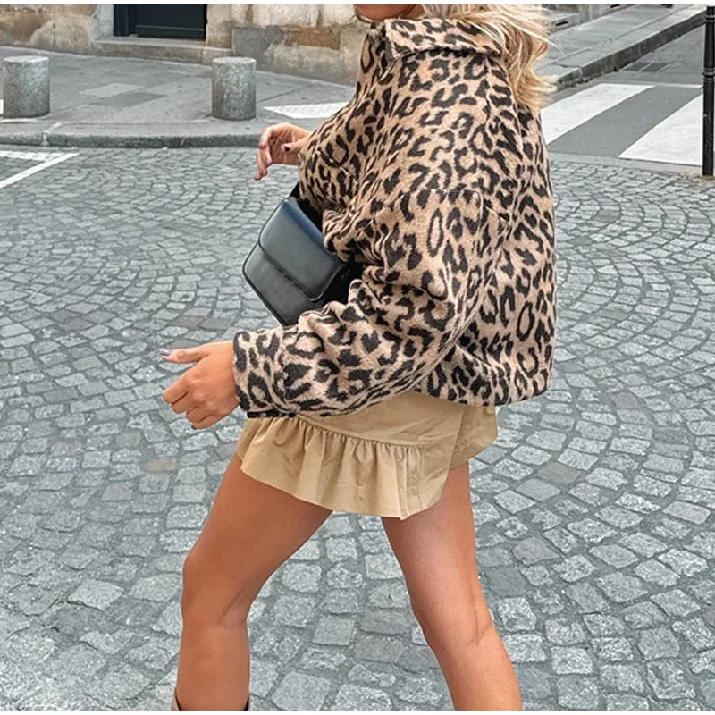 [modx] Bottoni corti a maniche lunghe con colletto ribaltabile Stampa leopardata, giacca da donna casual ampia