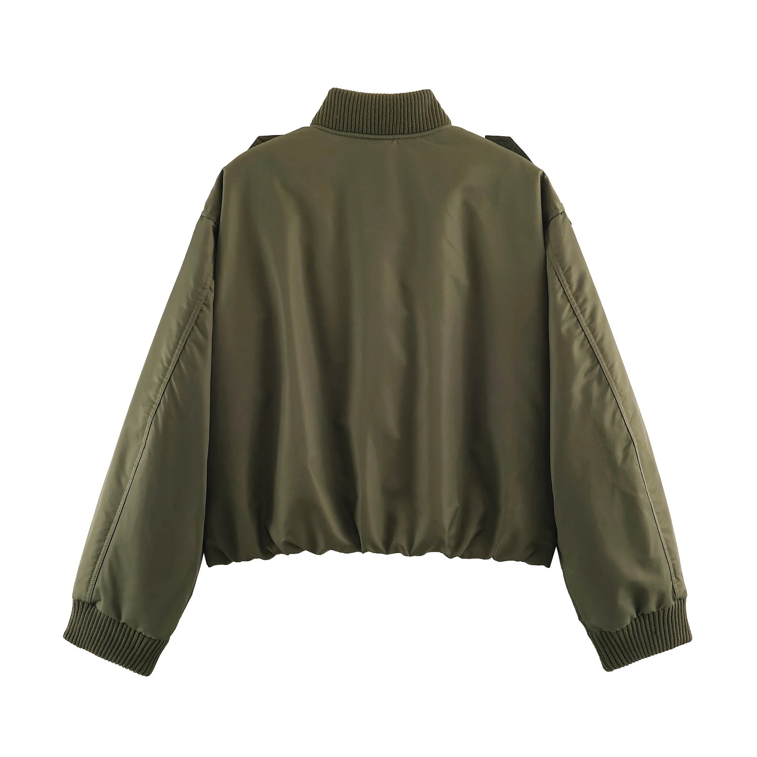 BSAY 2026 New Fall Women Stand Ribbed Collar Bomber Jacket Zip Front Strap Epaulet Design Long Sleeve Cropped Loose Outerwear