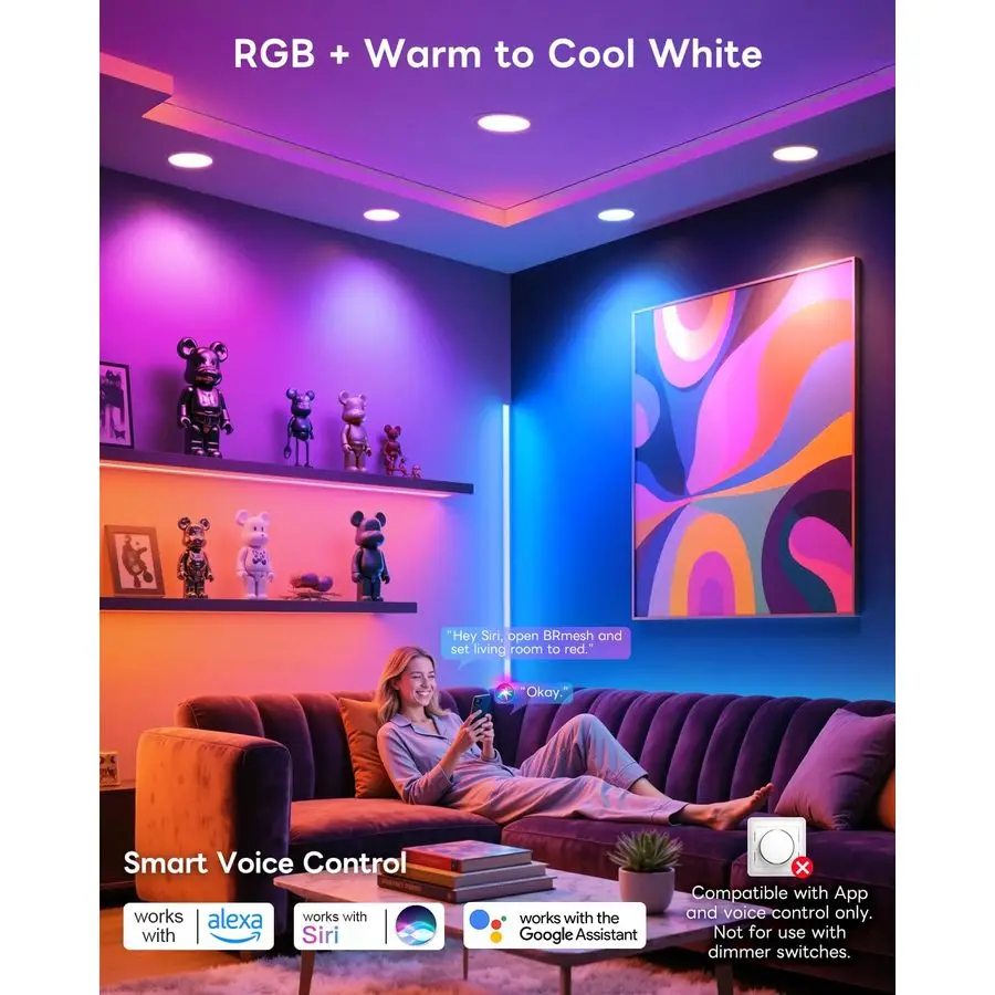 Встраиваемое освещение 6-дюймовый, RGBCW Бесшумные встраиваемые потолочные светильники, модернизированный светильник с регулируемой яркостью, совместимый с Алексом