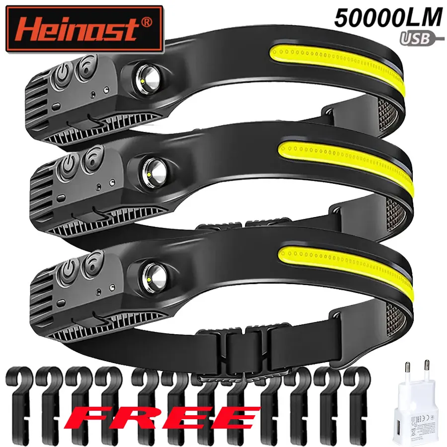 المدمج في بطارية قابلة للشحن التعريفي كشافات COB LED الاستشعار العلوي التخييم البحث رئيس مصباح يدوي ل فانوس الصيد