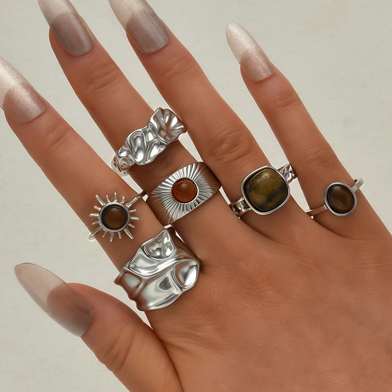 Conjunto de anillos de Metal minimalistas franceses Vintage para mujer, anillo asimétrico de piedra de ojo de tigre a la moda, joyería de uso diario, 6 uds.
