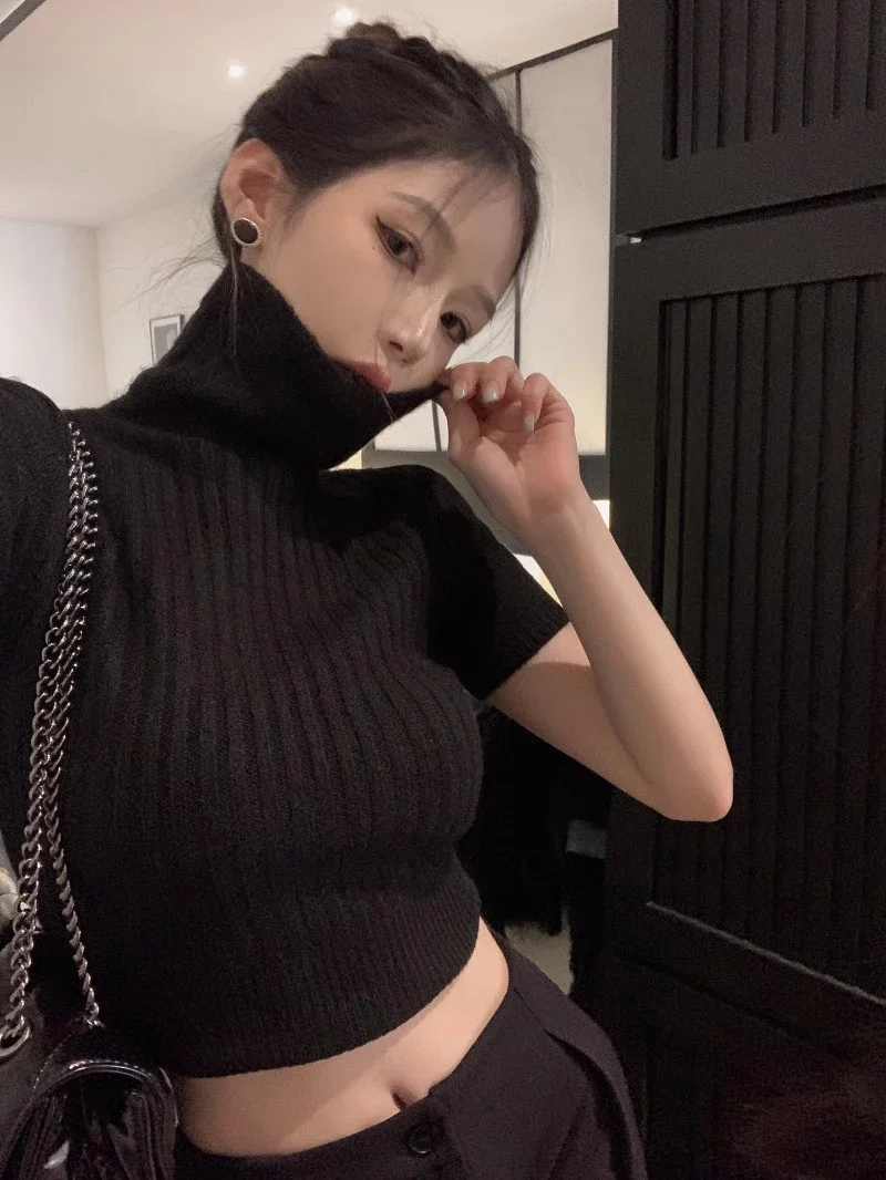 Design Niche Retro Gebreide Dames Nieuwe Zomer Halfhoge Kraag Korte Mouw Dieptepunt Herfst Slim Fit Korte Top Mode Trui