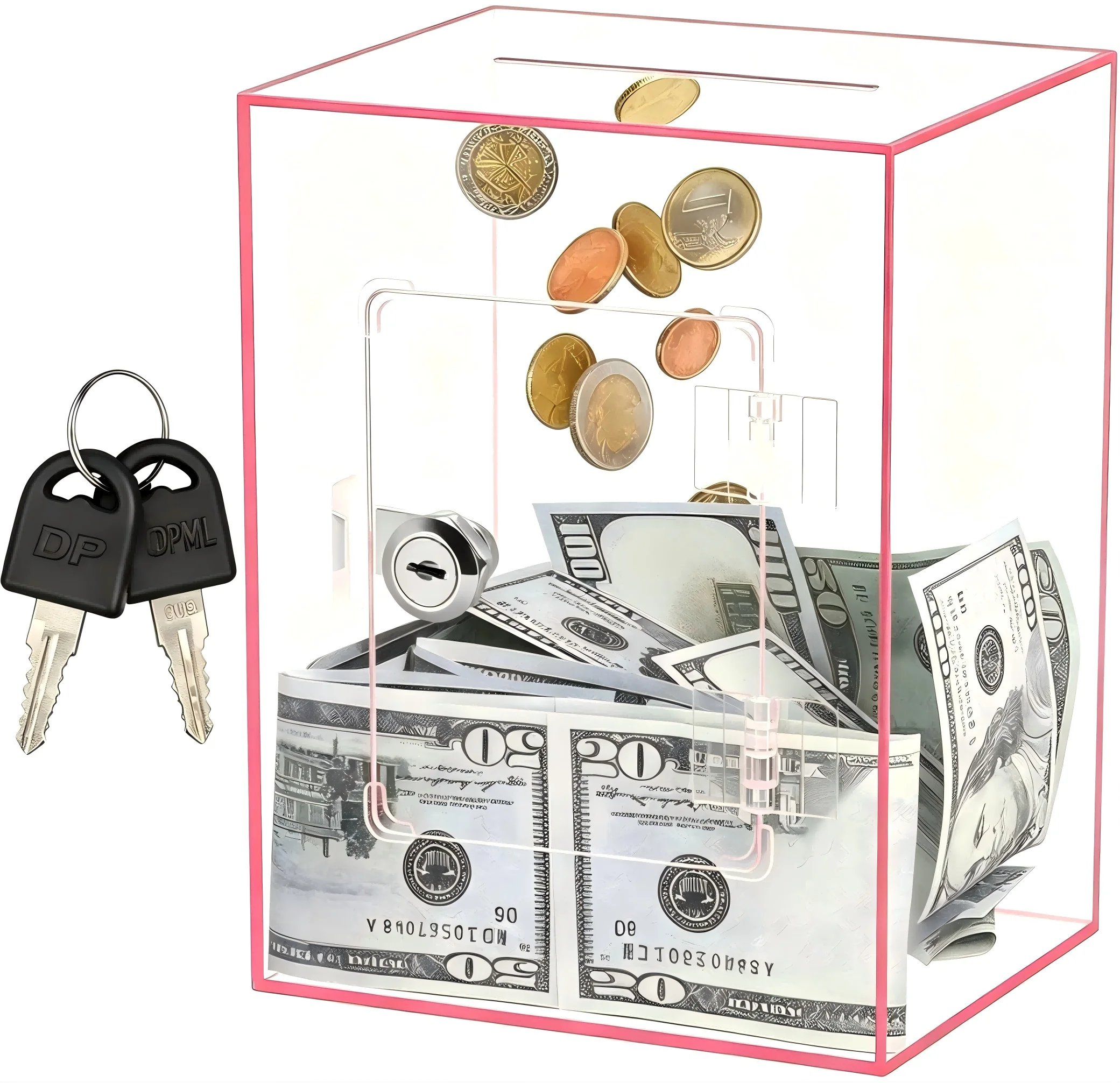 Lockable acrylic piggy bank with two keys, desktop decoration