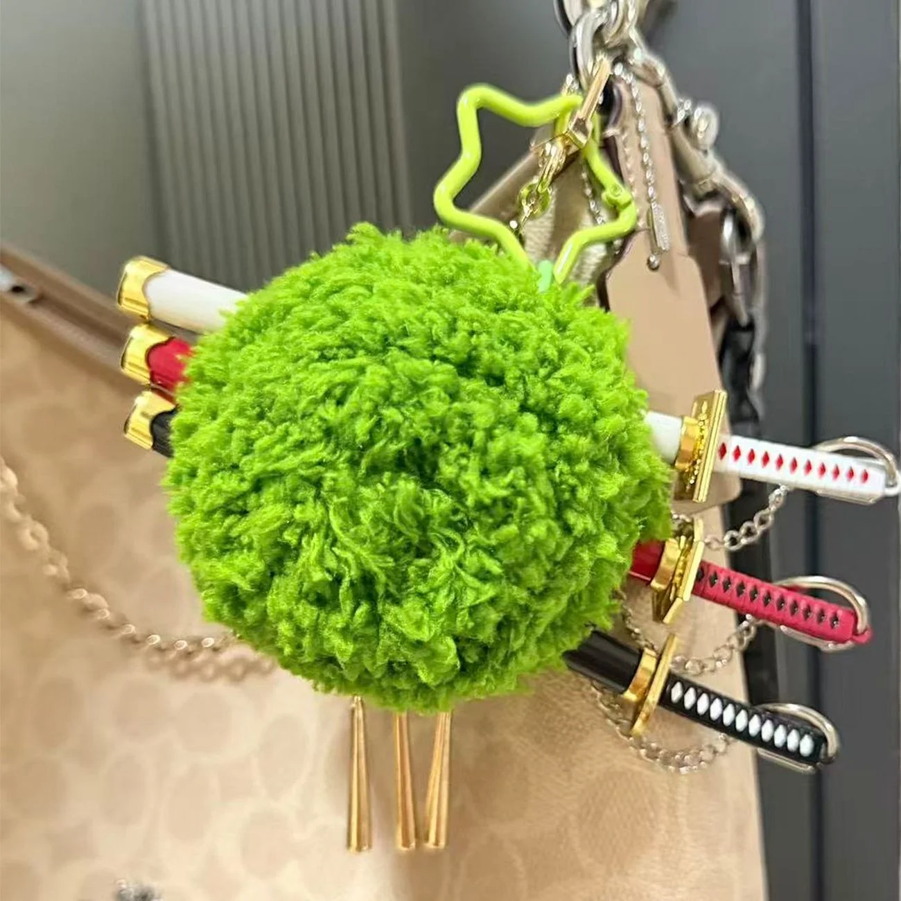 One piece 10Cm zoro Plush backpack Keychain Anime Cotton Green algae head Doll Keyring Bag Pendant Hanging Toy Gift for Fans - view 2