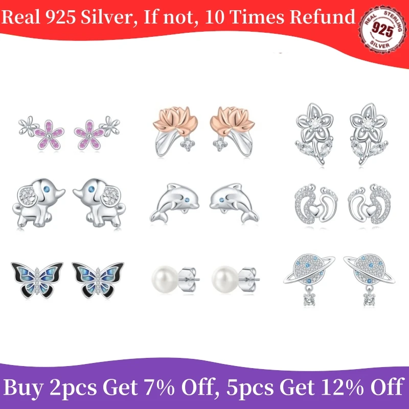 Real 925 Sterling Silver Earrings For Women Cute Mini Elf Butterfly Plant insect Ear Studs Fine Evening Party Jewelry Gifts