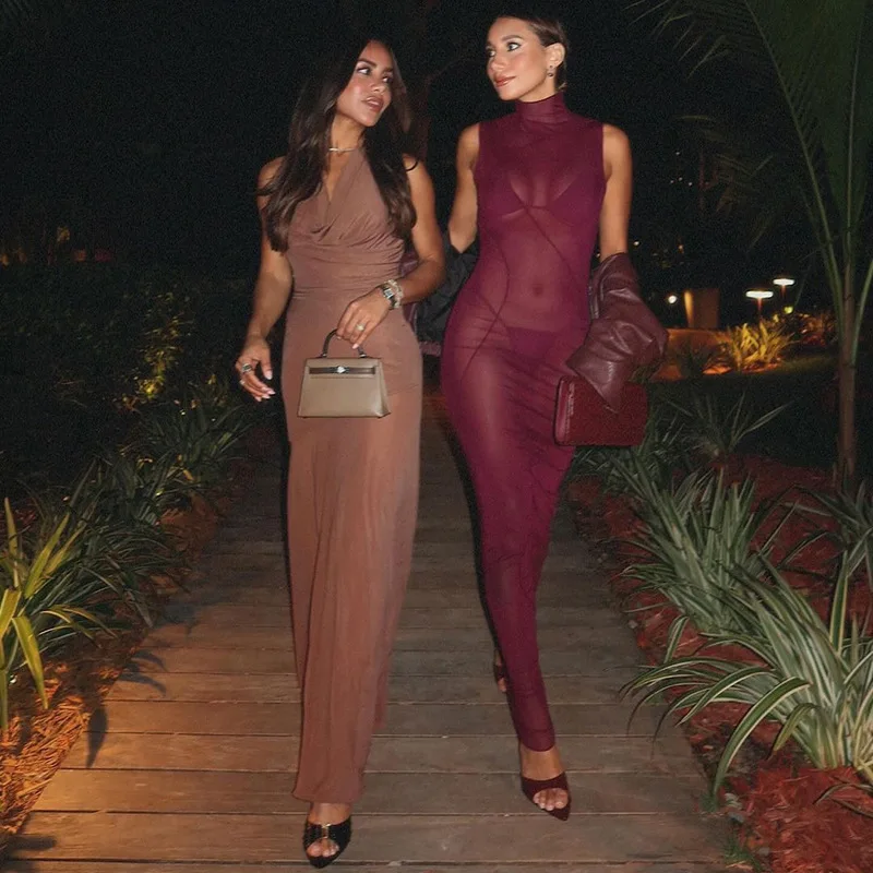 Sexy Mesh Long Dress Lady Maxi Evening Elegant Dress Women Summer Clothes Luxury Party Bodycon Beach Prom Black Dresses