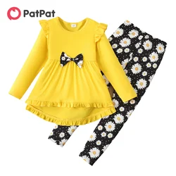 PatPat 2pcs Kid Girl Ruffled Bowknot Design High Low Long-sleeve Tee and Floral Print Leggings Set Daily Wear Basic Style