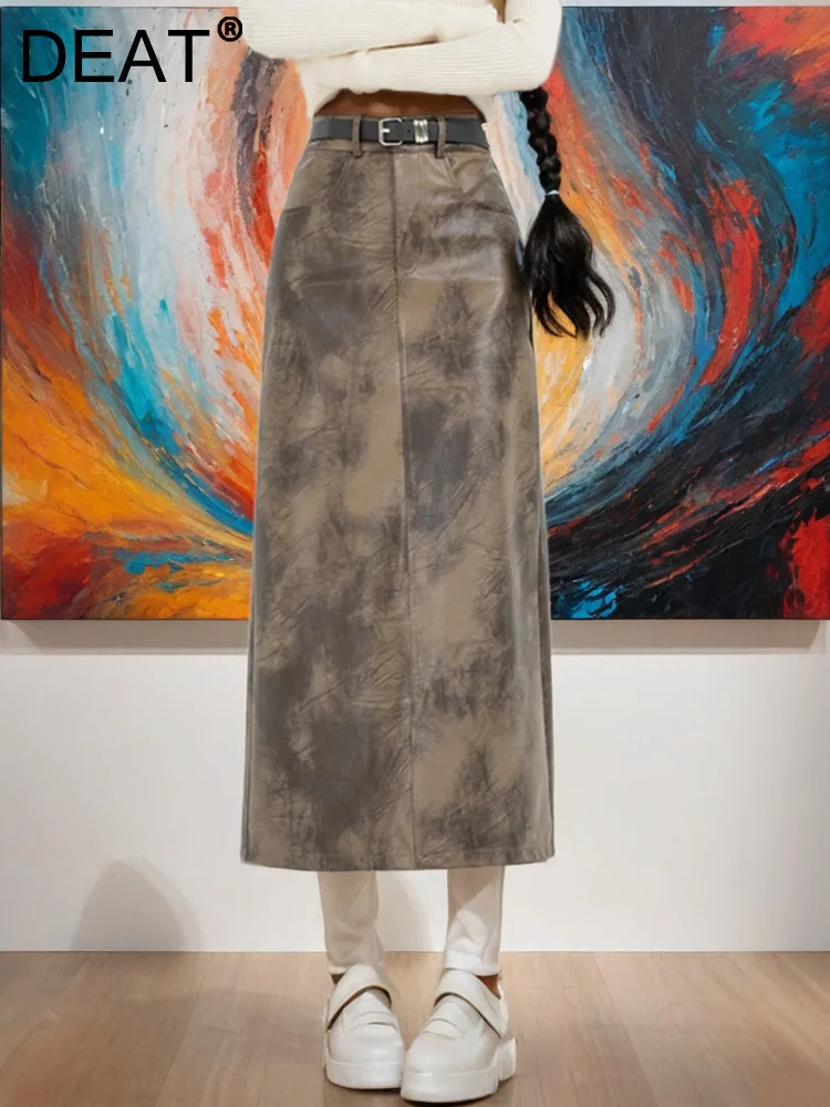 

DEAT Trendy Vintage Women's Tie Dye PU Leather Long Skirts 2024 Autumn Fashion High Waist Wrap Hip Skirt Female 11A0997