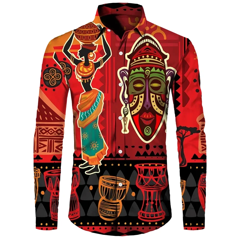 New Men\'s Lapel Buttons Shirt Fashion 3D Printed Pattern Long Sleeve Shirts African Traditional Casual Ethnic Style Blouse Tops