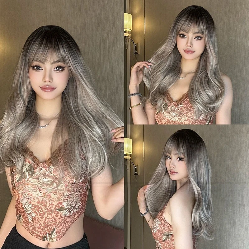 

Hot-selling wig Qi bangs long curly wig gradual change color air bangs long curly hair full headgear