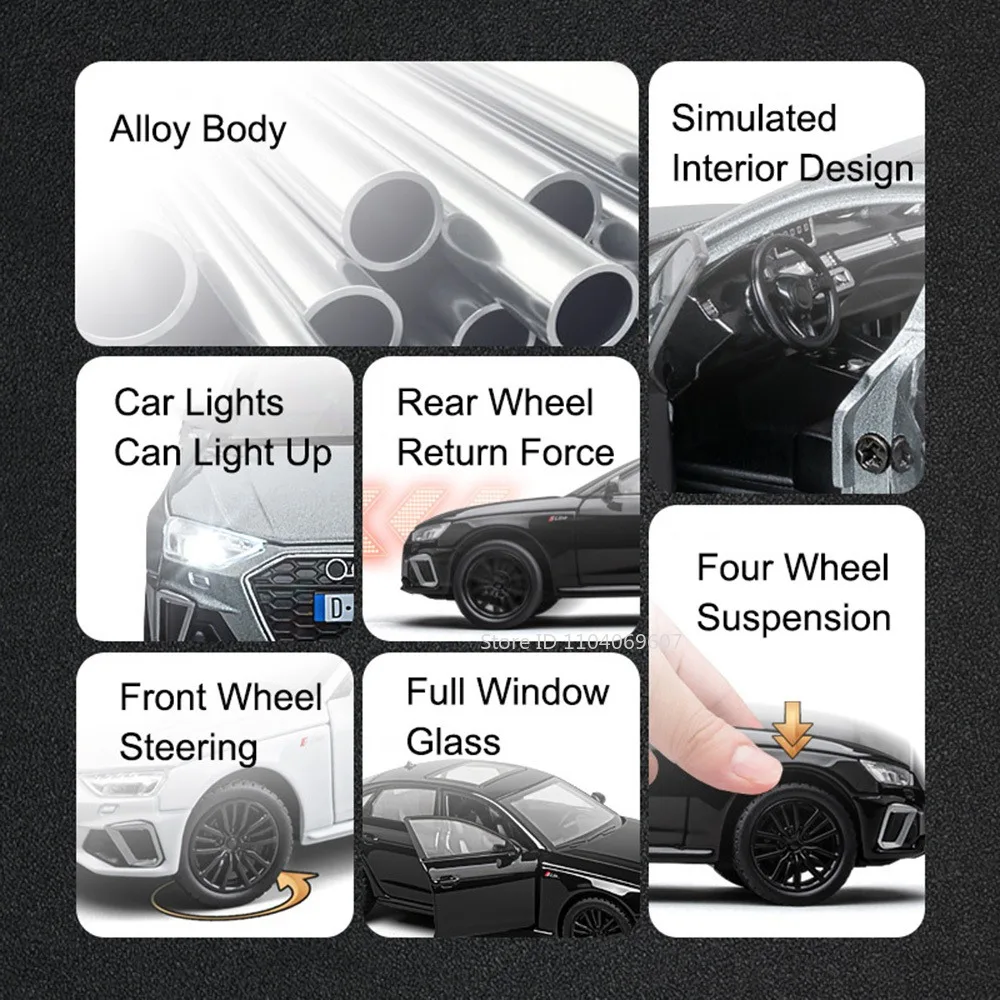 1:32 A4 미니어처 모델 장난감 자동차 합금 다이캐스트 RS7 스포츠백 모델 사운드 라이트 풀백 도어 열림 장식 장난감 어린이 선물