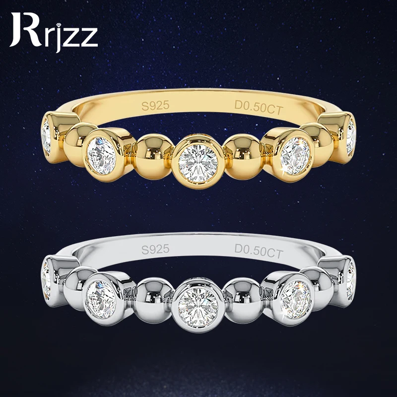 

Rrjzz Stylish Unique Bezel Set Round Moissanite Women Rings 925 Sterling Silver 5 Stone Engagement Ring for Anniversary Jewelry