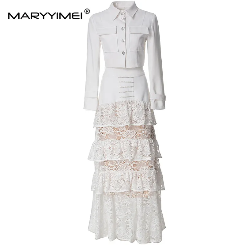 MARYYIMEI Autumn and winter fashionable Suit Women Turn-Down Collar Single-Breasted Tops+Lace Flounced Edge Skirt 2 piece set