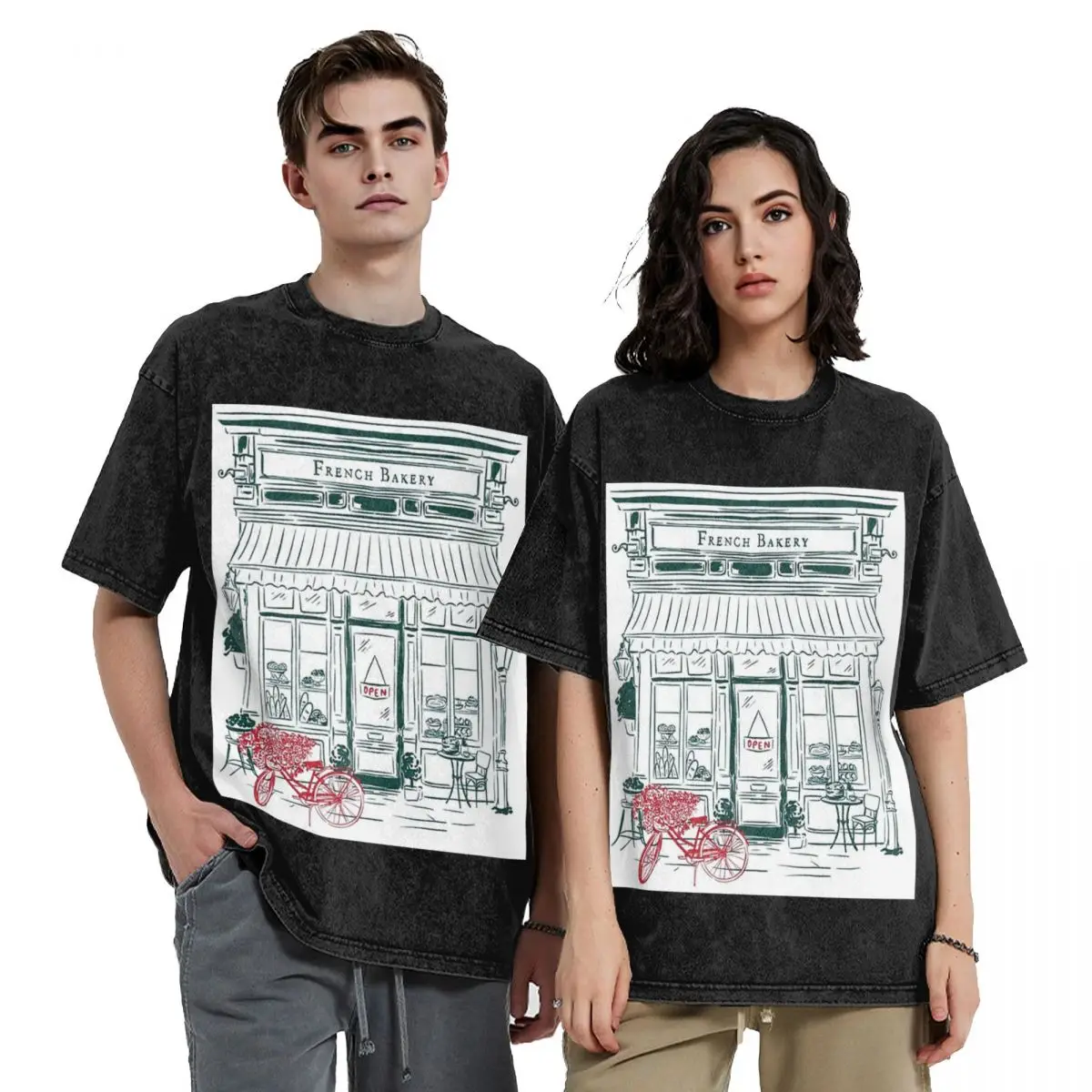 French Bakery Hip Hop Short Sleeve T-Shirts Washed Tops Tees Streetwear T Shirt Oversized for Men Women