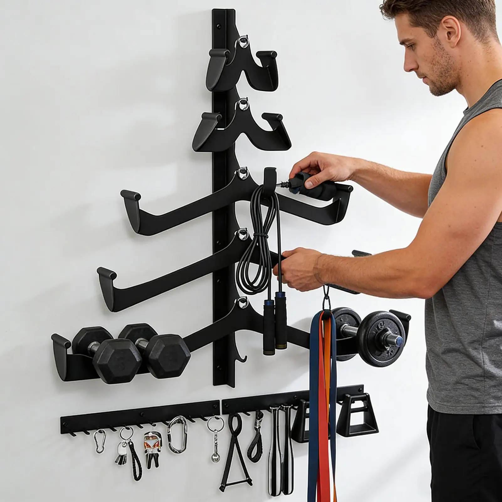 

Стеллаж для хранения с выдвижной перекладиной, 5-компонентный компактный настенный держатель, крепление для вытягивания, органайзер для спортзала для эспандеров, прыжок