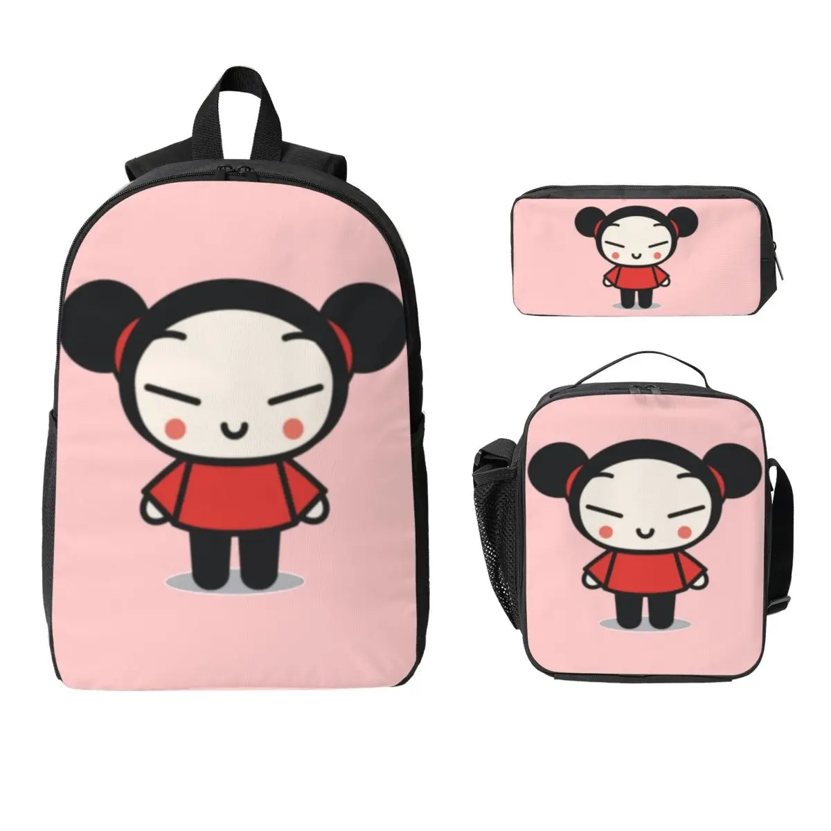 

Cute Pucca Backpack Student Boys Girls BookBag School Bag Computer Shoulder Bags 3ps Insulated Lunch Bag Pencil Case
