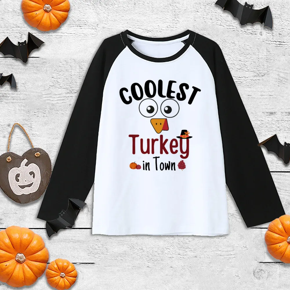 Thanksgiving Boys Girls Shirt Coolest Turkey In Town T-Shirt Kids Thanksgiving Cute Clothes Gift Tee Child Sibling Raglan Shirt