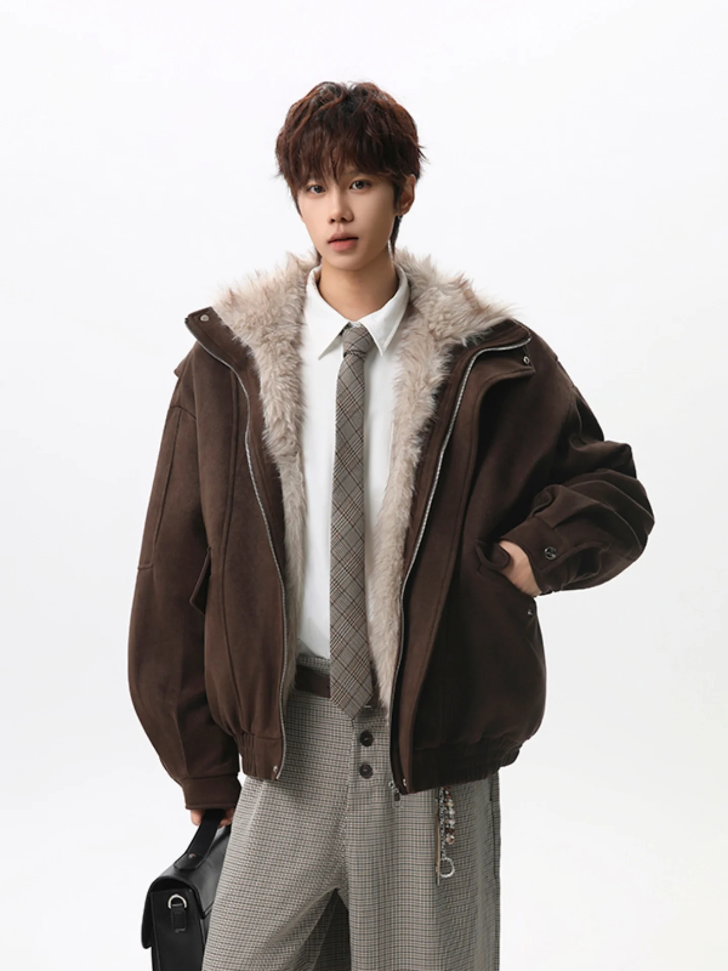 

Men's Winter Thiened Fce Lined Fur Leather Cotton Jaet Stand Collar Zipper Closure Casual Warm Outerwear Coat