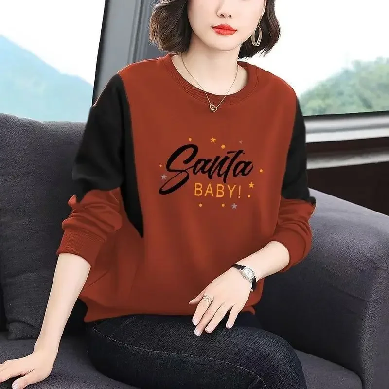 เสื้อยืดแขนยาวผู้หญิง ผ้ากำมะหยี่เยอรมัน ตัดต่อสีตัดกัน ดีไซน์หลวม ใส่แล้วดูอ่อนวัย  สำหรับผู้หญิง