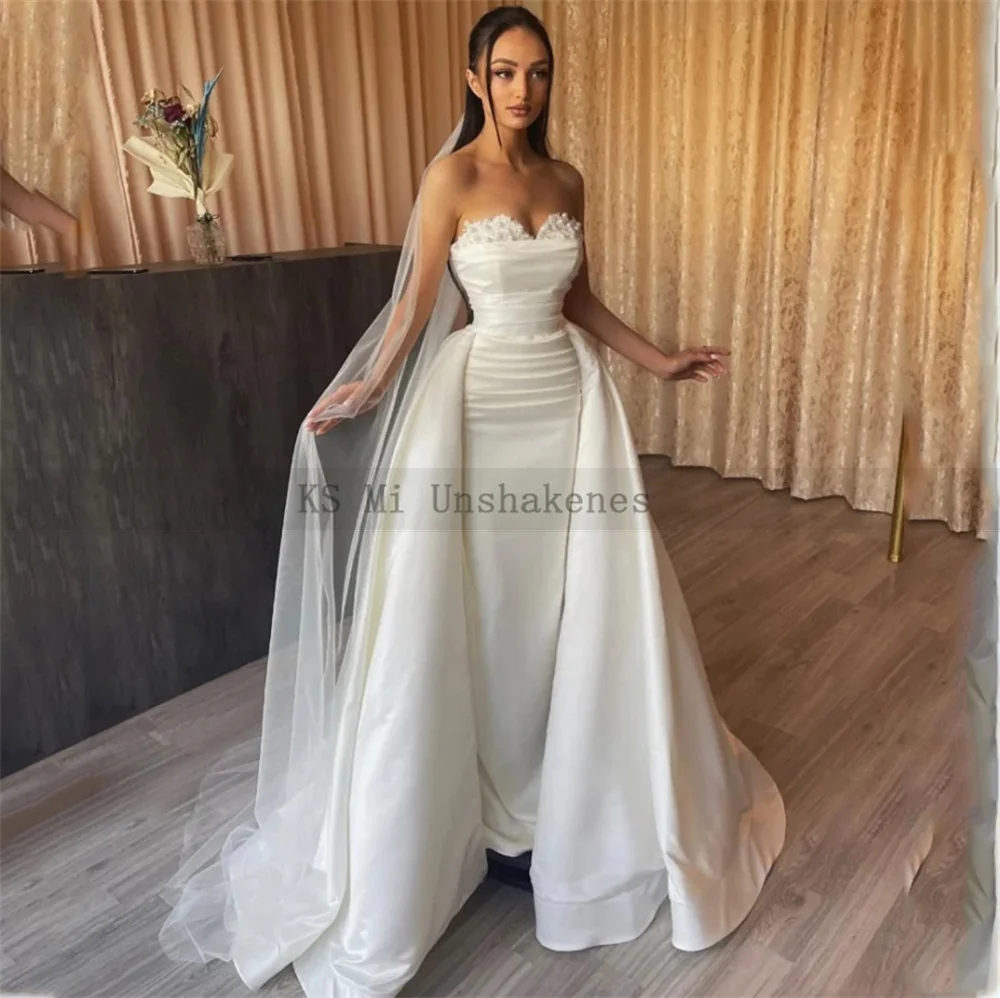 Elegant Mermaid Wedding Dresses Detachable Train Customized Ivory Wedding Gowns Pleated Pearls Lace Satin Bride Dress 2025