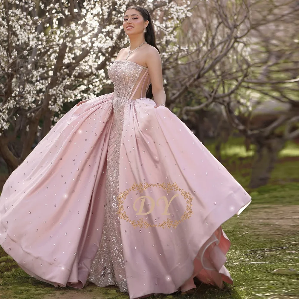 

DY Luxury Strapless Pink Prom Dress Crystals Satin Evening Gowns Customized For Wedding Party Vestidos De Fiesta