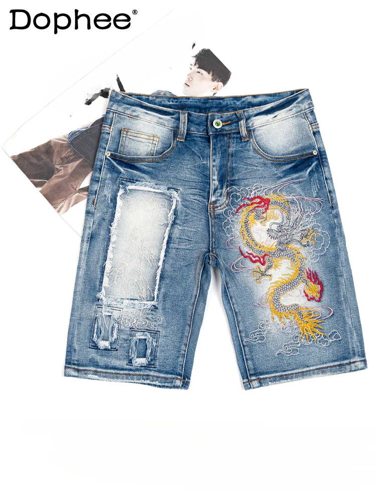 

New Denim Shorts Men's Trendy Hole Middle Pants Embroidered Dragon Pattern Fashion Male Elastic Straight Slim Fit Denim Shorts