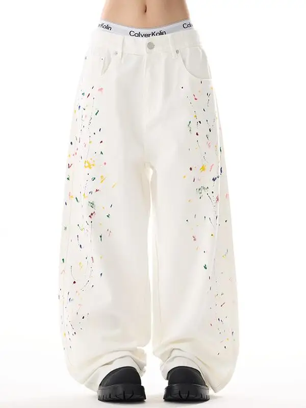 

White Splatter Denim Jeans Men's Women's Loose Straight Wide Leg Long Pants Vintage American Street Sle Faion Urban Casual
